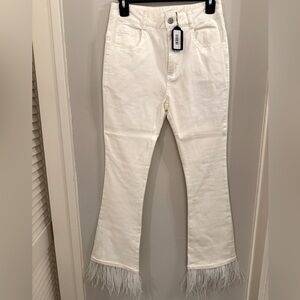 Ostrich feather detail white ankle jeans - never worn